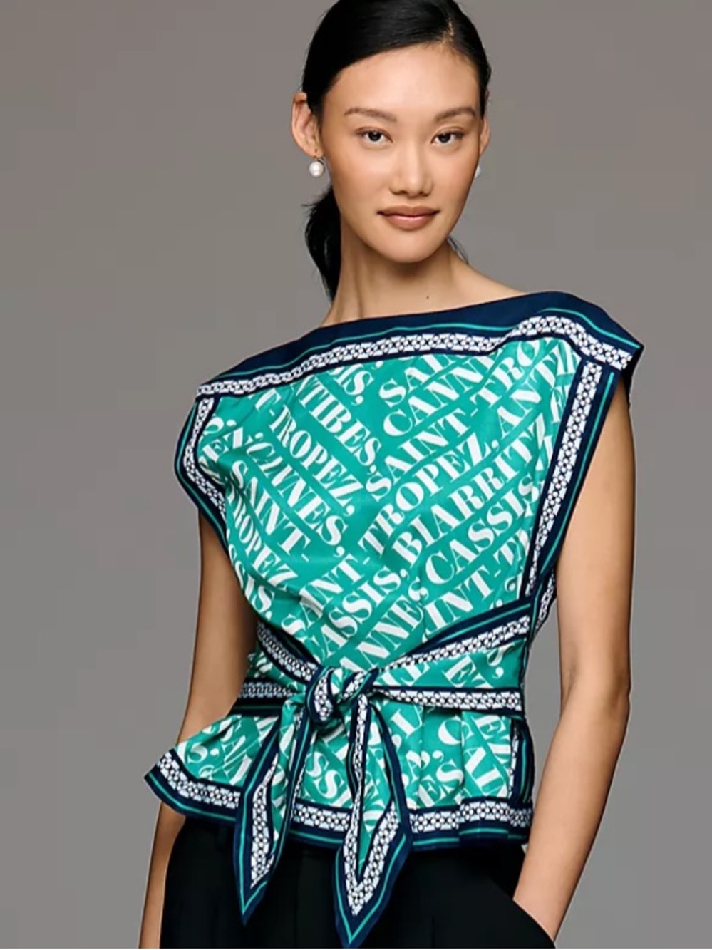Maeve Boat-Neck Sleeveless Tie-Front Top